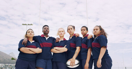 Fototapeta premium Sports, portrait and rugby with women on field for support, community and premiership league. Fitness, athlete and solidarity with group of people in club for tournament games, teamwork and training