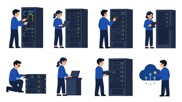 Technicians working with server racks and cloud network set