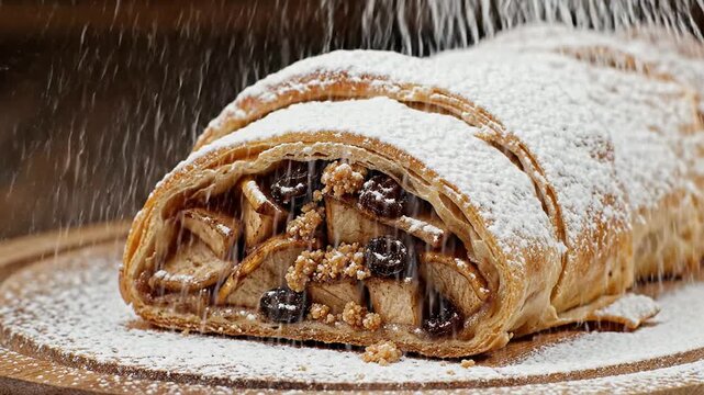 Delicious Apple Strudel With Powdered Sugar Garnish On Wooden Board Perfect For Dessert Promotions