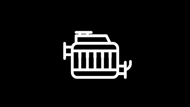 Simple white line art icon of an engine on a black background