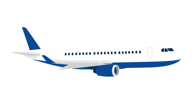 Blue and white passenger airplane side view vector illustration