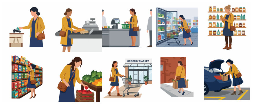 Set of vector illustrations showing a woman shopping for groceries at a supermarket, from selecting products to checking out and loading the car.