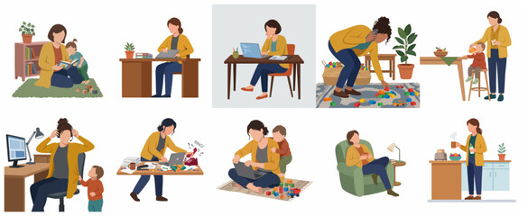 Fototapeta premium Working Mother Multitasking and Balancing Career with Childcare Daily Routine Illustration Set