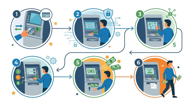 Step-by-step illustration showing a person using an ATM for various transactions, from card insertion to cash withdrawal, against a clean, modern background