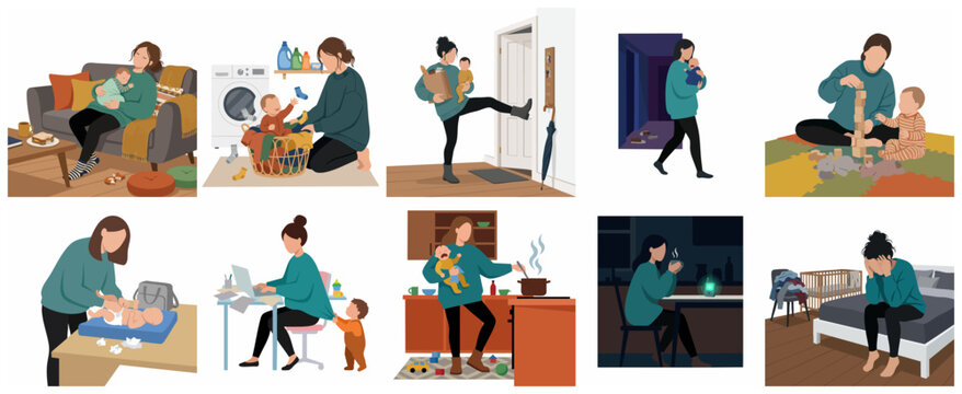 Set of flat vector illustrations depicting the daily life and challenges of a multitasking mother, from domestic chores to parenting burnout