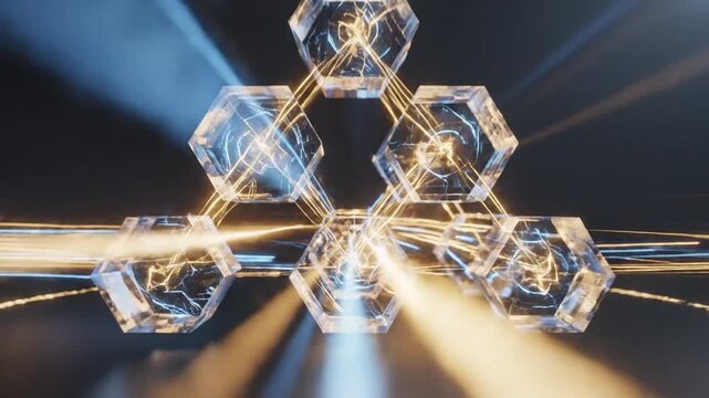 Molecular structures composed of glowing hexagonal glass prisms represent advanced scientific research and digital connectivity.