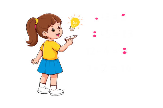 Cartoon girl writing simple math equations with light bulb