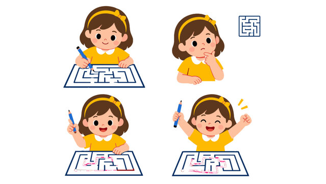 Cartoon girl solving maze puzzle in four step sequence