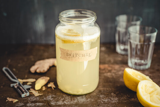Switchel, homemade drink with ginger, apple vinegar, honey and lemon
