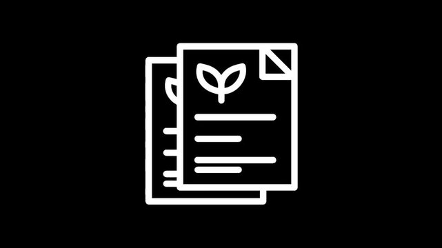 Two documents with a plant sprout icon and lines of text on a black background