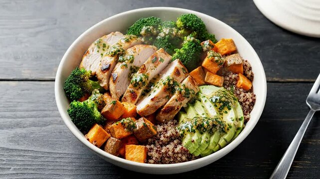 Delicious Bowl Of Grilled Chicken Quinoa With Roasted Sweet Potatoes Broccoli And Avocado On Rustic Wooden Surface For Healthy Meal Options