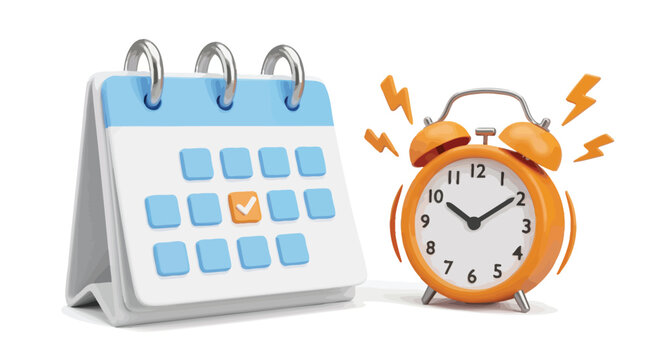Blue desk calendar with a marked date next to a bright orange ringing alarm clock