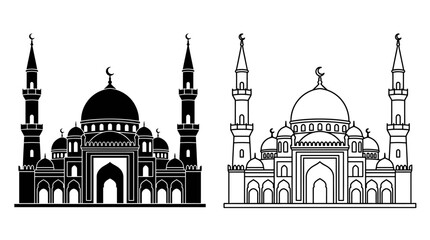 Mosque building line art black and white vector illustration set © Photo Sell