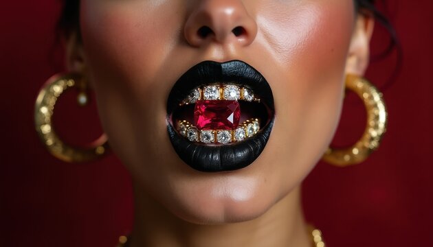 Woman with black lipstick and diamond grillz bites large red gem. She wears large gold hoop earrings. Luxurious urban style, bold fashion statement.