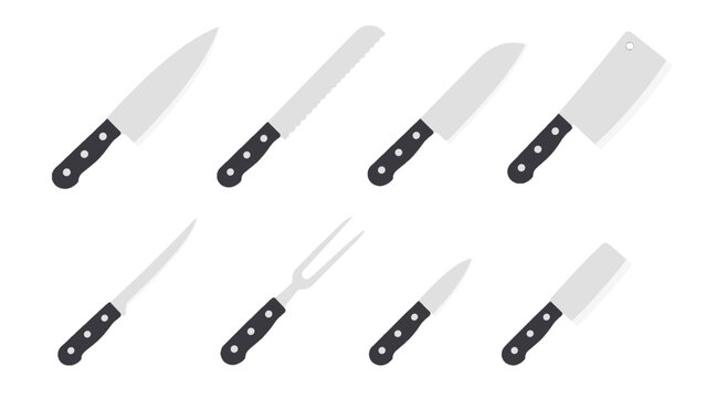 Set of kitchen knives and carving fork in flat vector style