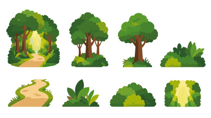 Fototapeta premium Cartoon forest trees bushes path and sunlight vector set