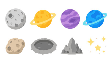 Vector set of planets, asteroid, crater, rocks and stars © Alan