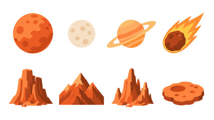 Cartoon space planet and rocky landscape icon set © Alan