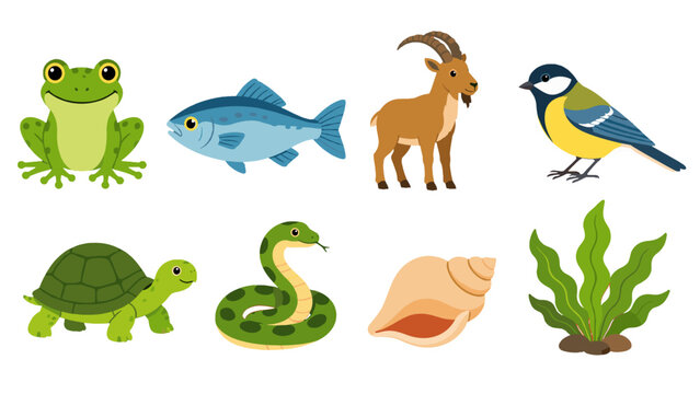 Cartoon animal and nature icon set with frog fish goat and bird