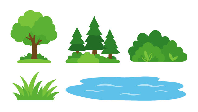 Flat vector set of tree bushes grass and pond elements