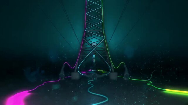 Futuristic electric pylon glowing with neon colorful cables in digital void