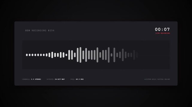 Digital audio waveform visualization on a dark screen with timecode and sound level meters displayed