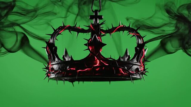 Dramatic Crown With Thorns And Red Accents Surrounded By Dark Smoke Against Vibrant Green Background Ideal For Visual Effects
