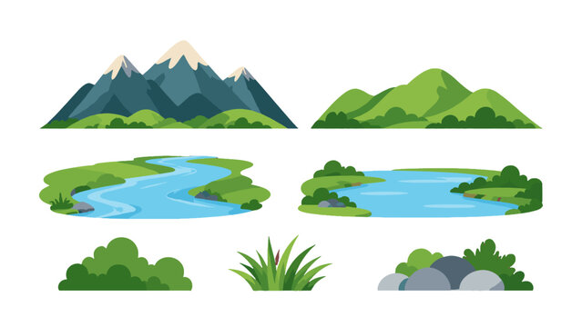 Set of mountain river lake hill and bush landscape elements