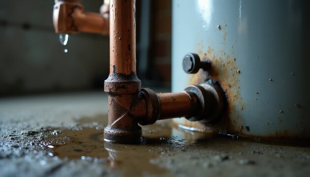 Leaking copper water pipe drips onto wet concrete floor near rusty water heater. Basement pipe corrosion causes water damage and potential flood risk, needing repair.