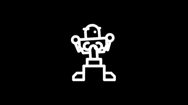 Simple white line art robot icon on a black background, minimalist design