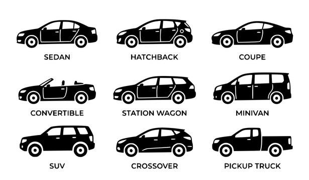Black car silhouette vector set with multiple automobile body type icons