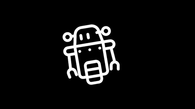 Simple white line art robot icon on a black background, minimalist design