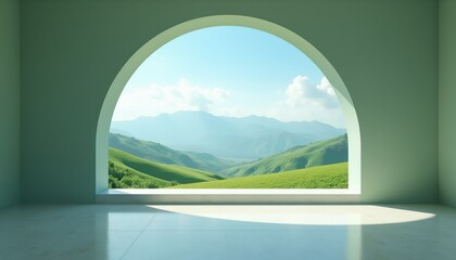 Fototapeta premium View of green rolling hills and distant mountains through an arched window. Bright blue sky with clouds above. Sunlight casts shadows on the floor.