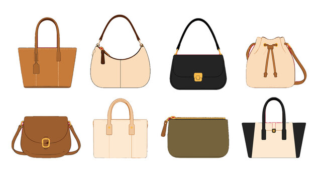 Set of assorted women's handbags in flat vector style
