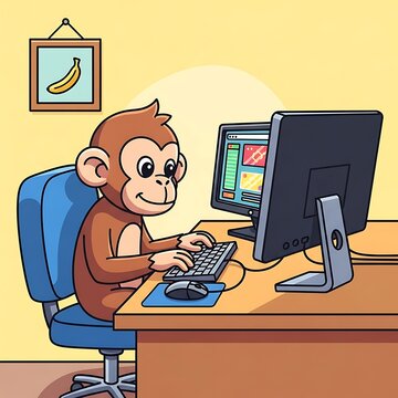 Cheerful Cartoon Monkey Typing on Computer at Office Desk