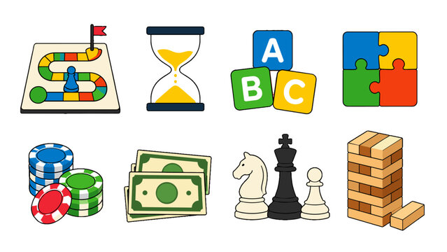 Collection of colorful board game and toy vector icons