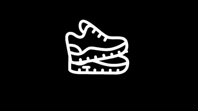 Simple white outline icon of two athletic sneakers stacked on a black background