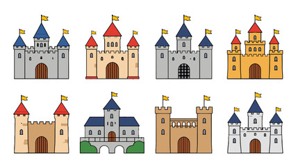 Set of cartoon castle icons with colorful towers and flags © Alan