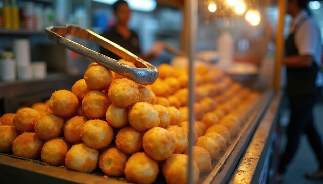 Round fried tofu balls piled high at a street food stall. A vendor prepares to serve crispy snacks from a glass display case. Delicious Indonesian street food vendor sells tahu bulat.