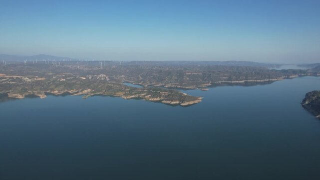 4K Aerial Footage Wind Power Facilities and Natural Landforms of Yellow River Three Gorges, Henan