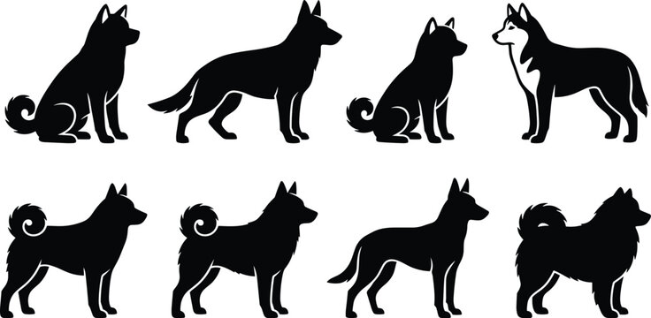 Black dog silhouettes set featuring husky, shepherd, and spitz breeds in sitting and standing poses isolated on white background