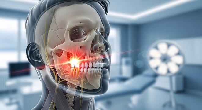 Transparent human skull showing severe jaw nerve pain. Trigeminal neuralgia and wisdom tooth extraction need. Glowing red inflammation striking the facial nerves in a dental clinic.