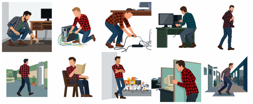 Set of flat vector illustrations depicting an IT specialist or office worker troubleshooting computer hardware, managing messy cables, and navigating a corporate workspace.