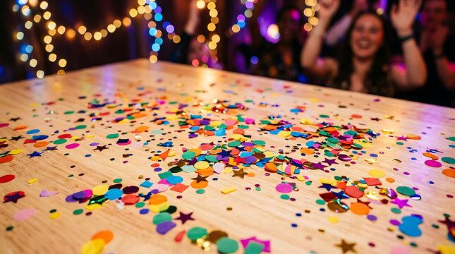 A table surface brightly covered with scattered, colorful confetti, creating a festive party atmosphere with bokeh lights in the background.