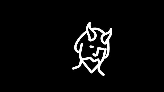 Minimalist white line drawing of a devil face with horns and beard on black background
