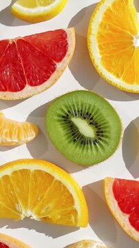Sliced citrus fruits kiwi flatlay vertical white background orange grapefruit lime tangerine tropical fresh food photography summer healthy nutrition vitamin C slow motion product natural colorful