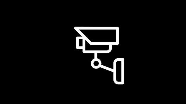 Simple white line icon of a security camera on a black background