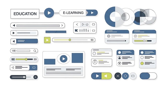 E-learning interface elements for educational websites and applications with various interactive features and icons included