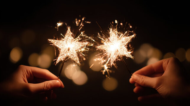 Hands holding sparklers with bright sparks on dark background with bokeh lights