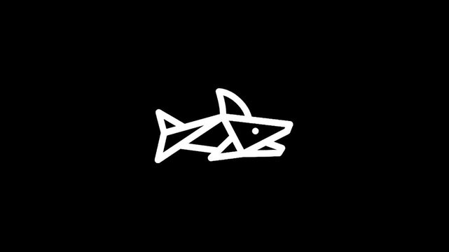 Minimalist white geometric shark icon on a black background, abstract marine predator